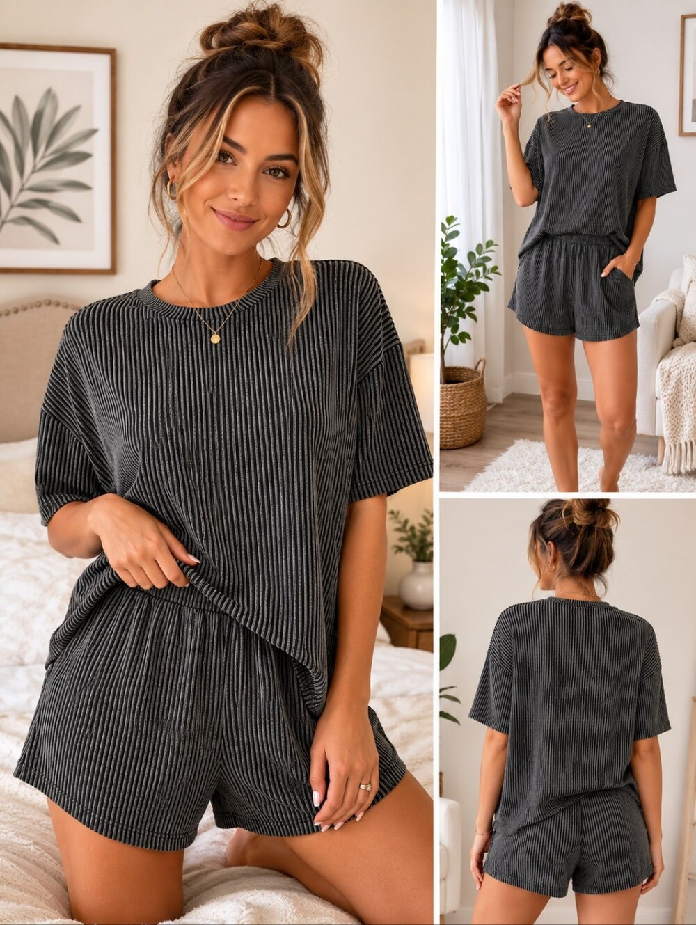 Women's Charcoal Ribbed Short Pajama Set - Cozy Lounge Top & Shorts